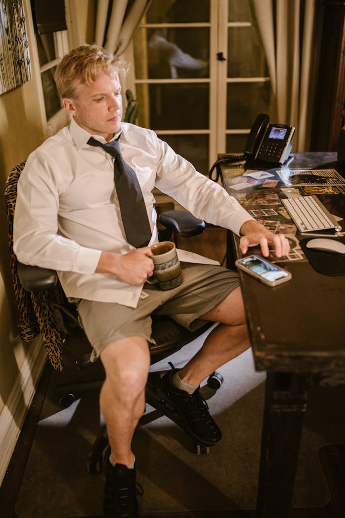 Man working from home in a casual outfit, managing remote tasks on computer.